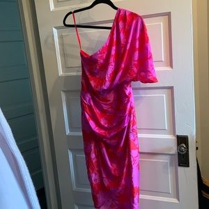 One shoulder red and pink dress